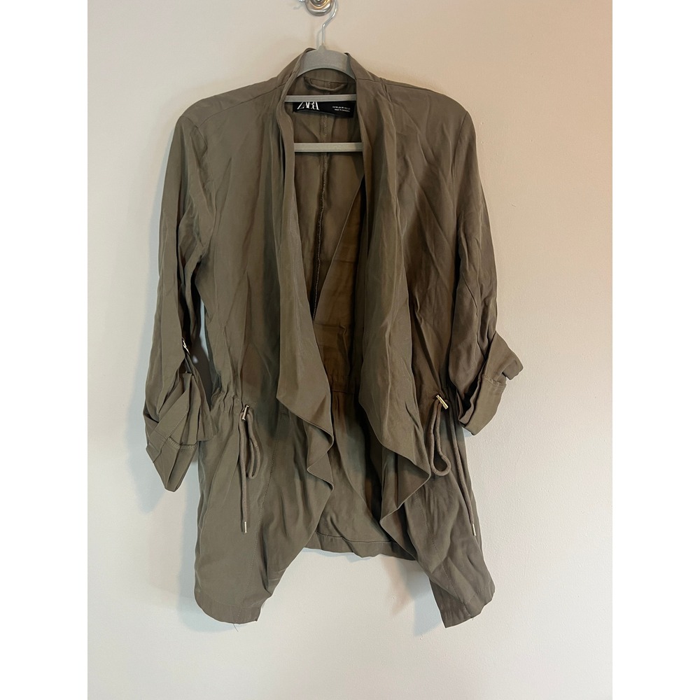 Zara Olive Green Waterfall Draped Utility Jacket Drawstring Waist Medium
